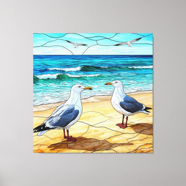 Stained Glass Artwork of Seagulls on a Beach Canvas Print (Front)