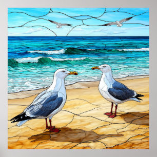 Stained Glass Artwork of Seagulls on a Beach Poster