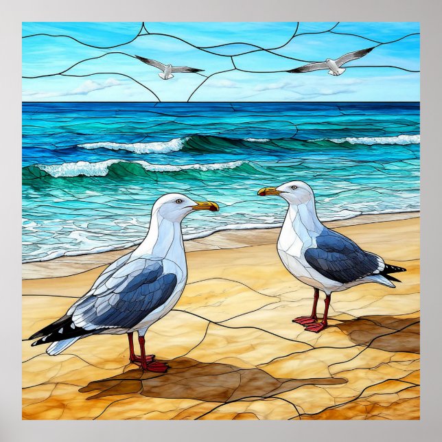 Stained Glass Artwork of Seagulls on a Beach Poster (Front)