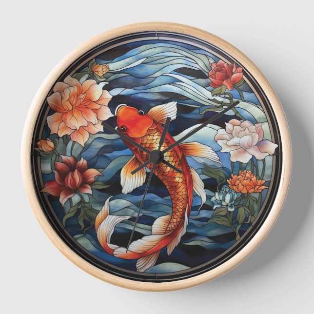 Stained Glass Asian Style Koi Fish and Camellias Clock (Front)
