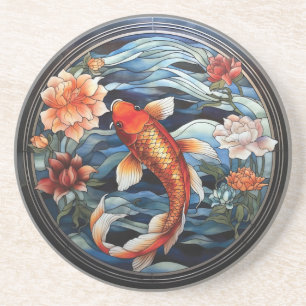 Stained Glass Asian Style Koi Fish and Camellias Coaster