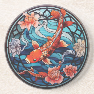 Stained Glass Asian Style Koi Fish and Camellias Coaster