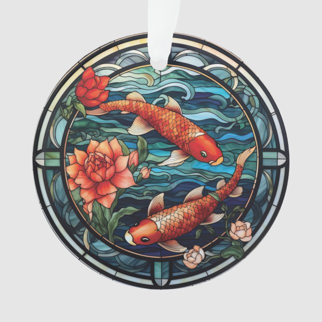 Stained Glass Asian Style Koi Fish and Camellias Ornament (Front)