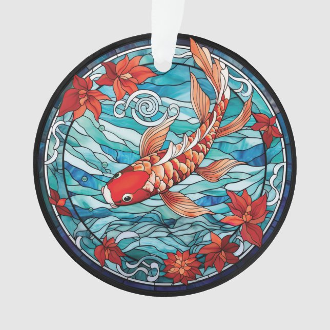 Stained Glass Asian Style Koi Fish and Camellias Ornament (Front)