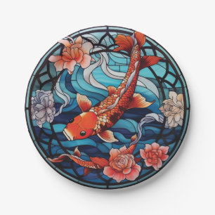 Stained Glass Asian Style Koi Fish and Camellias Paper Plate