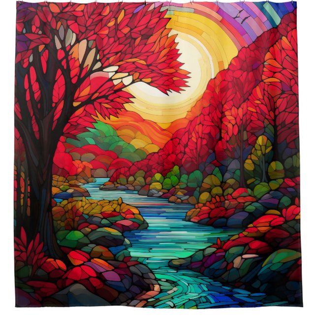 “Stained Glass Autumn River” Shower Curtain (Front)