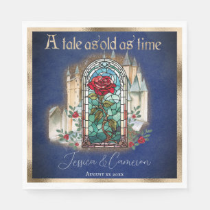 Stained Glass Beauty and the Beast Castle on Blue Napkin