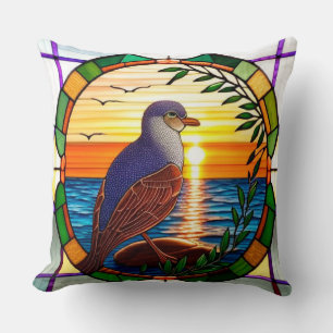 🐦 Stained Glass Bird Sunset Ocean Decor 🌅 Cushion