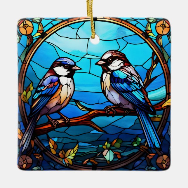 Stained Glass Birds Ceramic Ornament (Front)