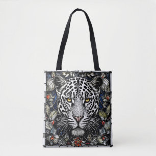 Stained glass Black and white leopard Tote Bag