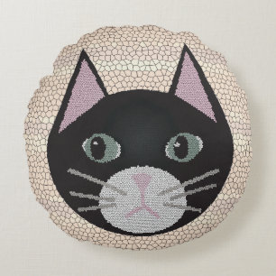 Stained Glass Black Cat, Beige Round Cushion