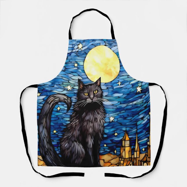 Stained Glass Black Cat Starry Night Apron (Front)
