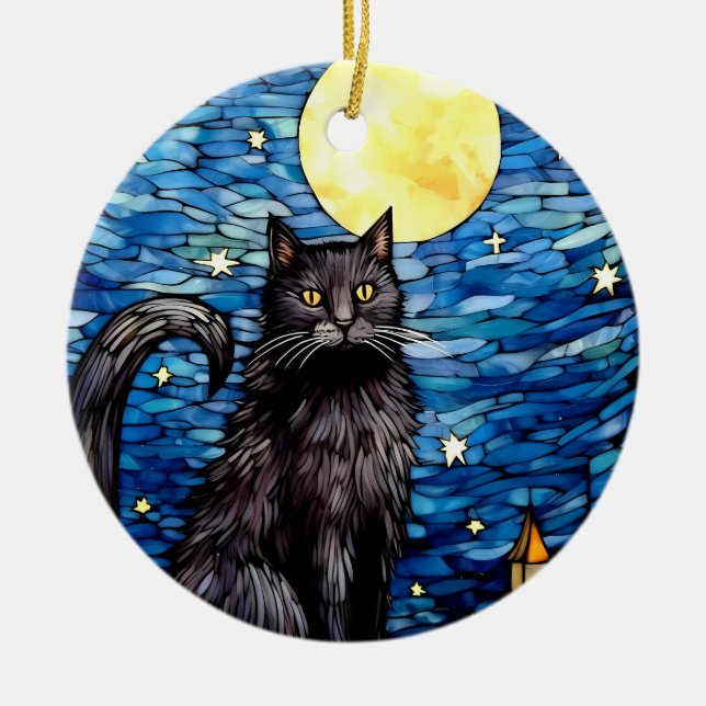 Stained Glass Black Cat Starry Night Ceramic Tree Decoration (Front)