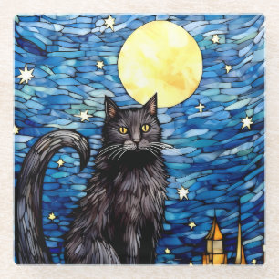 Stained Glass Black Cat Starry Night Glass Coaster