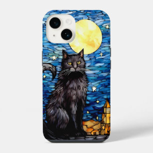 Stained Glass Black Cat Starry Night iPhone 14 Case