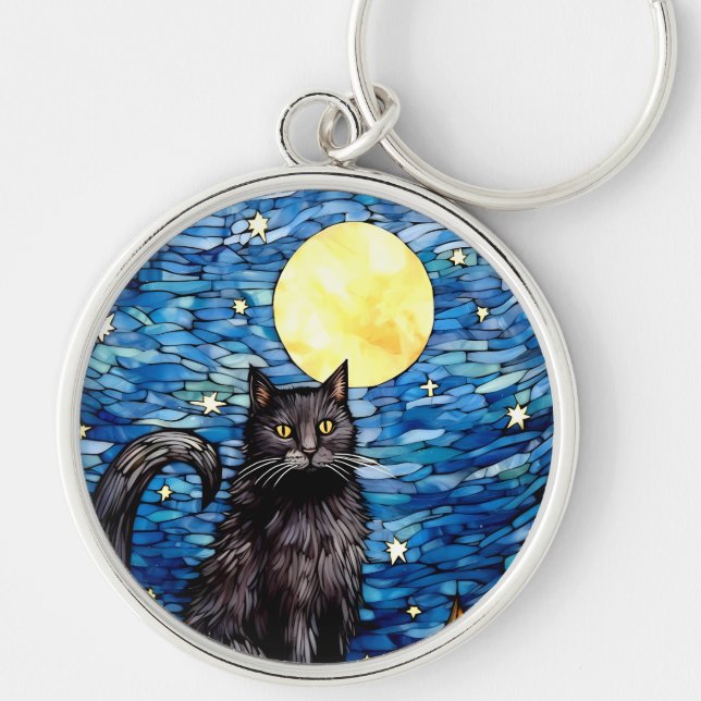 Stained Glass Black Cat Starry Night Key Ring (Front)