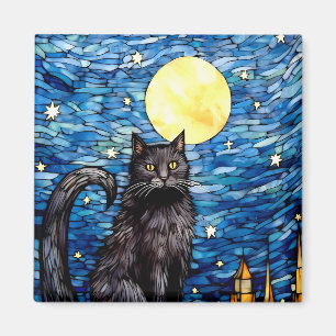 Stained Glass Black Cat Starry Night Magnet