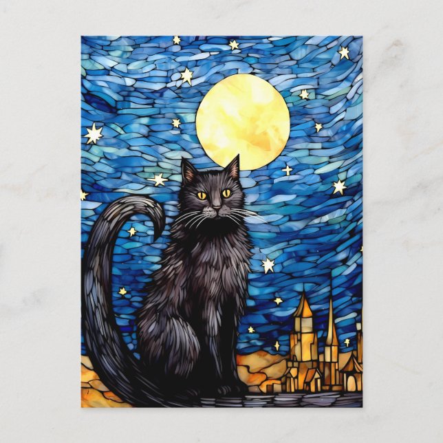 Stained Glass Black Cat Starry Night Postcard (Front)