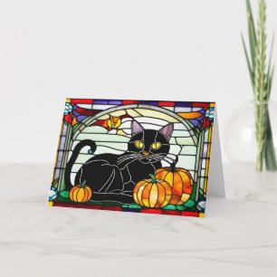 Stained Glass Black Cat with Pumpkins  Holiday Card