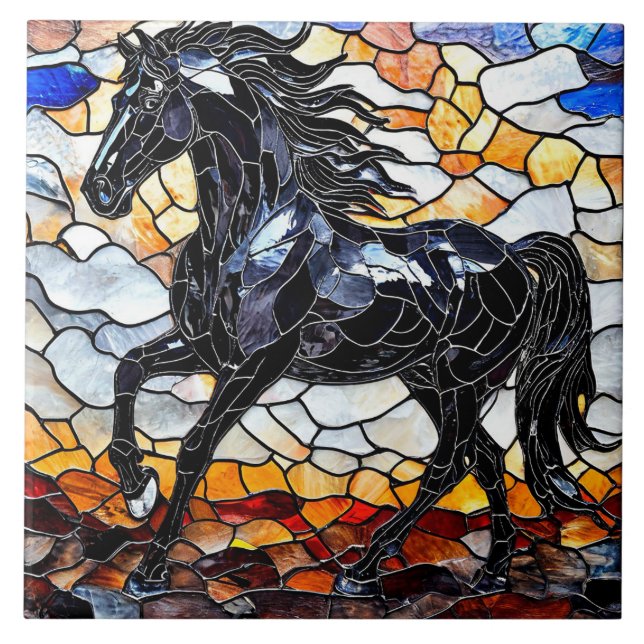 Stained glass black horse tile (Front)