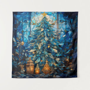Stained Glass Blue Christmas Tapestry