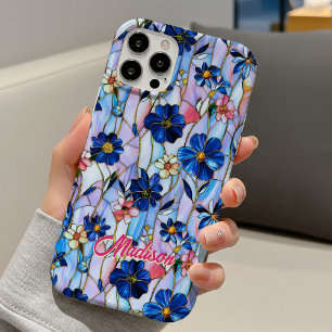 Stained glass blue flowers iPhone 16 case