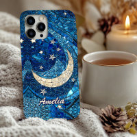 Stained glass blue silver moon 