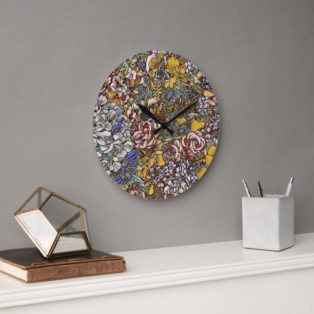 Stained Glass Botanical Floral Large Clock (Office)