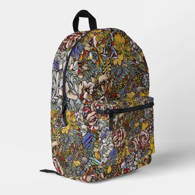 Stained Glass Botanical Floral Printed Backpack (Back Corner Left)