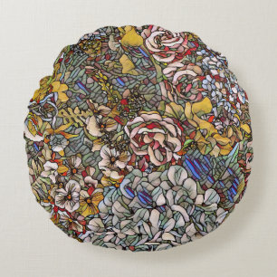 Stained Glass Botanical Floral Round Cushion