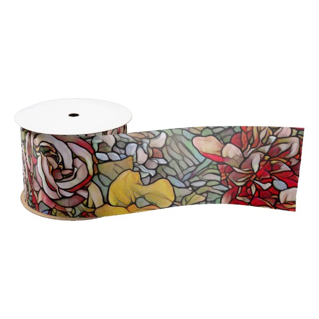 Stained Glass Botanical Floral Satin Ribbon (Spool)