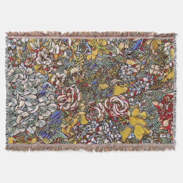 Stained Glass Botanical Floral Throw Blanket (Front)