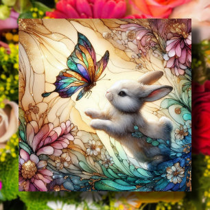 Stained Glass Bunny Rabbit And Butterflies Easter Holiday Card