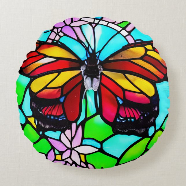 Stained Glass Butterfly Art Round Cushion (Front)