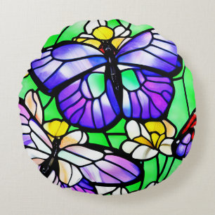 Stained Glass Butterfly Art Round Cushion