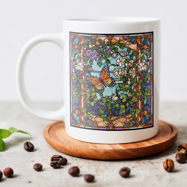 Stained Glass Butterfly Large Coffee Mug (Enjoy your morning coffee in this elegant stained glass butterfly mug.)