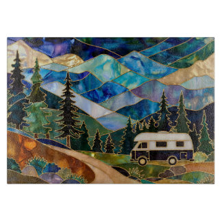 Stained Glass Camper Mountain Landscape Cutting Board