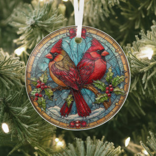 Stained Glass Cardinals on Holly Branch  Glass Tree Decoration