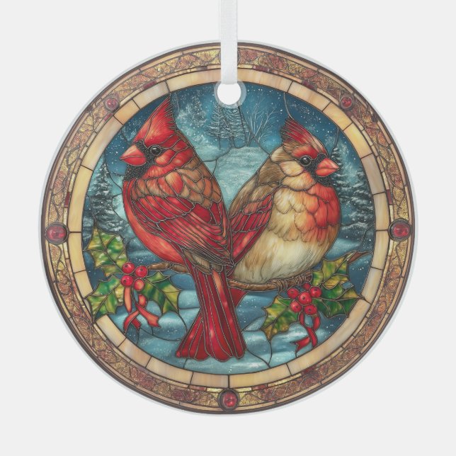 Stained Glass Cardinals on Holly Branch  Glass Tree Decoration (Front)