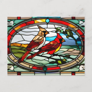 Stained Glass Cardinals on Tree Branch  Holiday Postcard