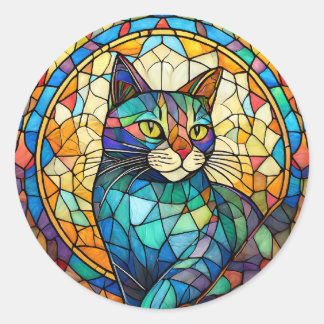 Stained Glass Cat Classic Round Sticker