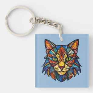 Stained Glass Cat Detailed Face Key Ring