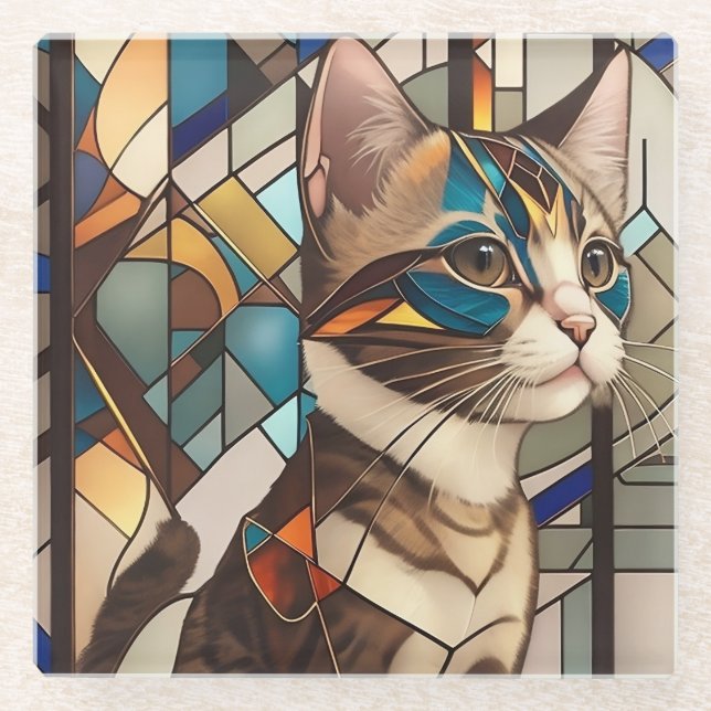 Stained Glass Cat Illustration Coaster (Front)