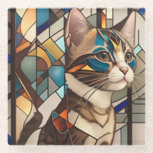 Stained Glass Cat Illustration Glass Coaster