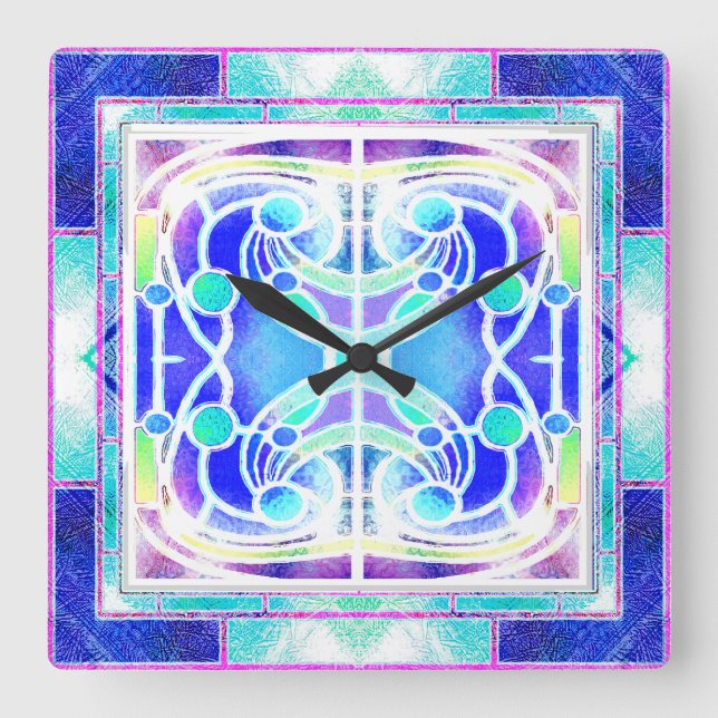  Stained Glass Cathedral Window in Blue and Green Square Wall Clock (Front)