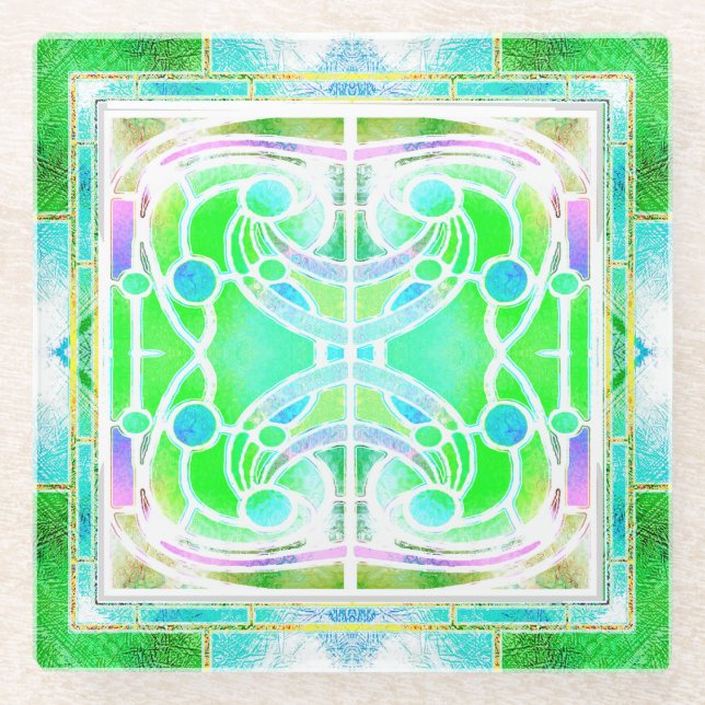  Stained Glass Cathedral Window in Green and Mint Coaster (Front)