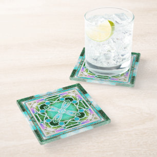  Stained Glass Cathedral Window in Green and Mint Coaster