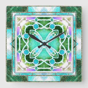 Stained Glass Cathedral Window in Green and Mint Square Wall Clock