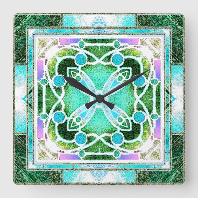  Stained Glass Cathedral Window in Green and Mint Square Wall Clock (Front)