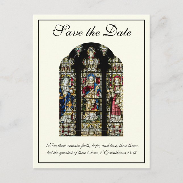 Stained Glass Catholic Wedding Save the Date Announcement Postcard (Front)